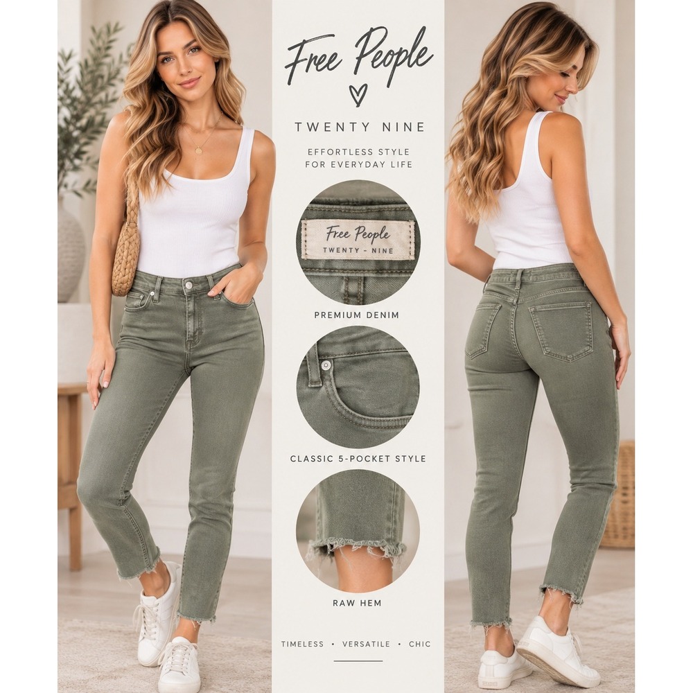 Free People We The Free Twenty Nine Skinny Jeans Army Green Raw Hem Size 29